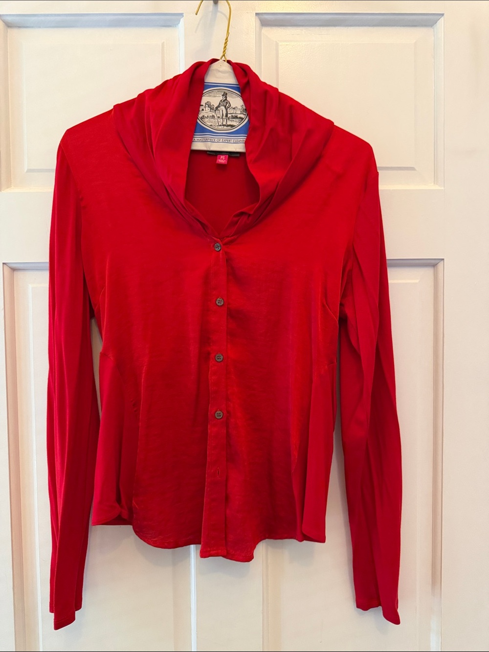 Vince Camuto Vibrant Red Long-Sleeve Button-Down with Draped Neck